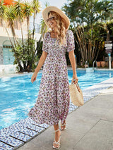 Printed Square Neck Short Sleeve Midi Dress - Trendsi - Flyclothing LLC