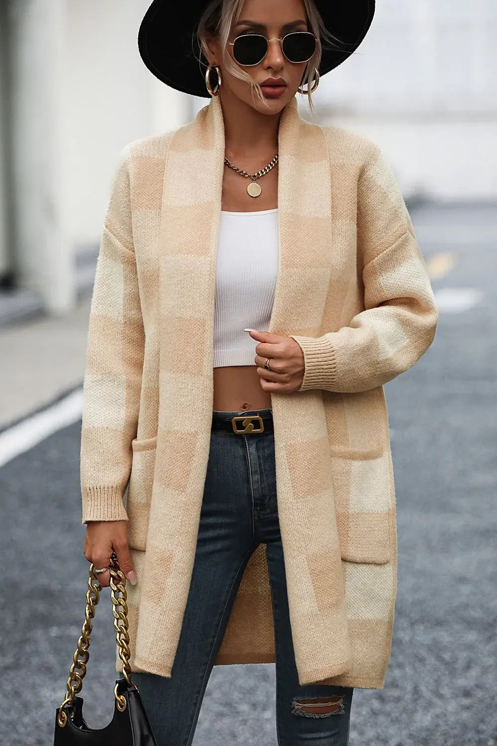 Plaid Dropped Shoulder Cardigan with Pocket - Trendsi - Flyclothing LLC
