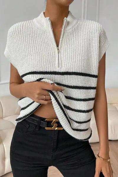 Striped Mock Neck Half Zip Sweater Vest - Trendsi - Flyclothing LLC