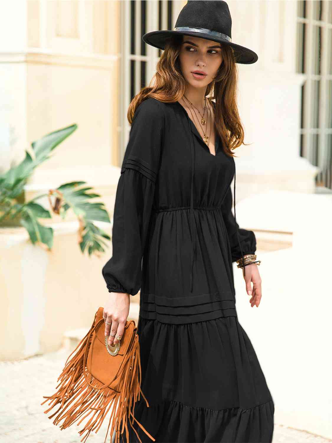 Tie Neck Long Sleeve Midi Tiered Dress - Trendsi - Flyclothing LLC