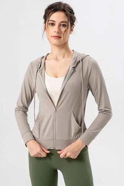 Drawstring Zip Up Hooded Active Outerwear - Trendsi - Flyclothing LLC