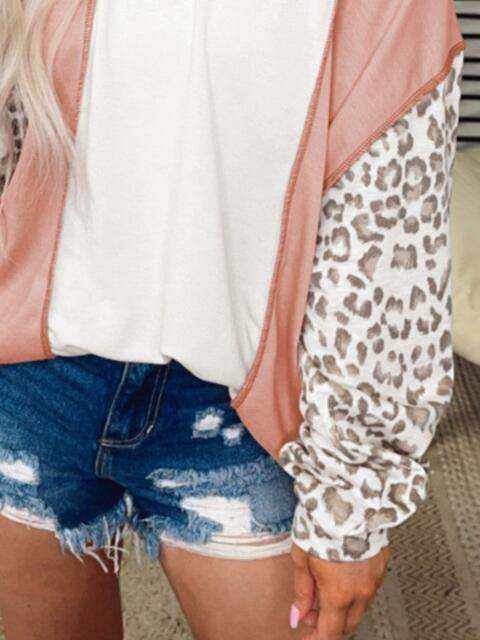 Leopard Color Block Long Sleeve Blouse - Trendsi - Flyclothing LLC