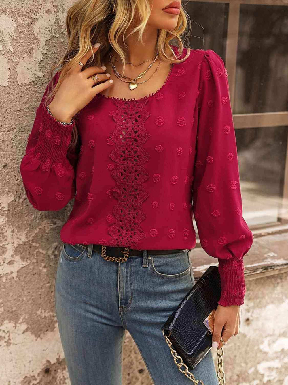 Swiss Dot Lace Detail Blouse - Trendsi - Flyclothing LLC