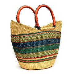 Bolga Tote, Mixed Colors with Leather Handle - 18-inch - Gitzell