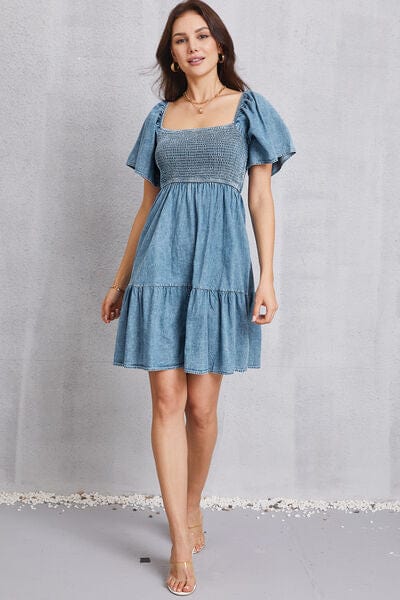 Smocked Square Neck Mini Denim Dress - Flyclothing LLC