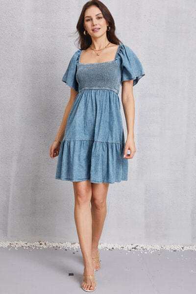 Smocked Square Neck Mini Denim Dress - Trendsi - Flyclothing LLC