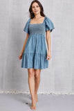 Smocked Square Neck Mini Denim Dress - Trendsi - Flyclothing LLC