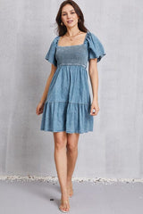 Smocked Square Neck Mini Denim Dress - Flyclothing LLC