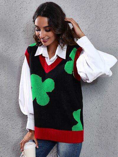 Four Leaf Clover V-Neck Sweater Vest - Trendsi - Flyclothing LLC