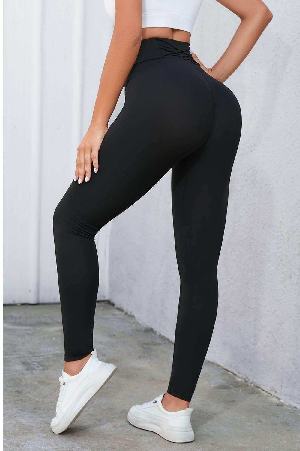 Crisscross Detail Wide Waistband Leggings - Trendsi - Flyclothing LLC