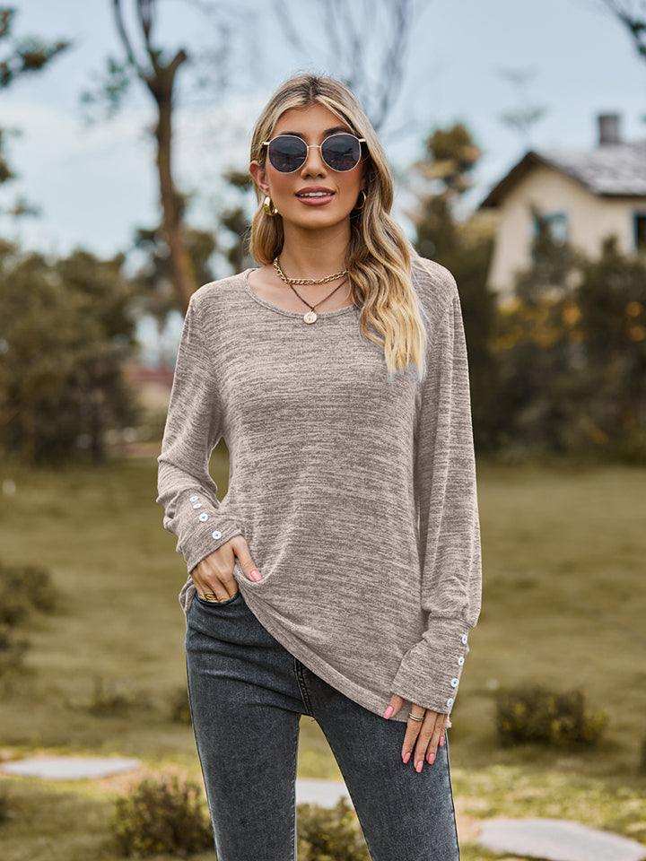 Round Neck Long Sleeve Buttoned T-Shirt - Trendsi - Flyclothing LLC