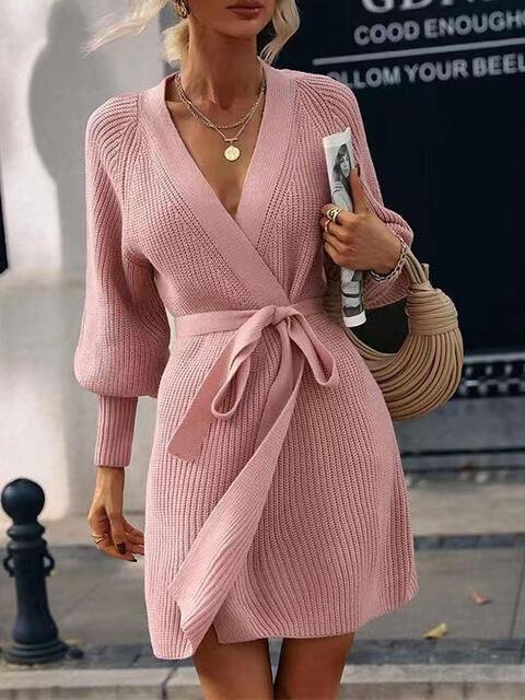 Open Front Lantern Sleeve Tied Cardigan - Trendsi