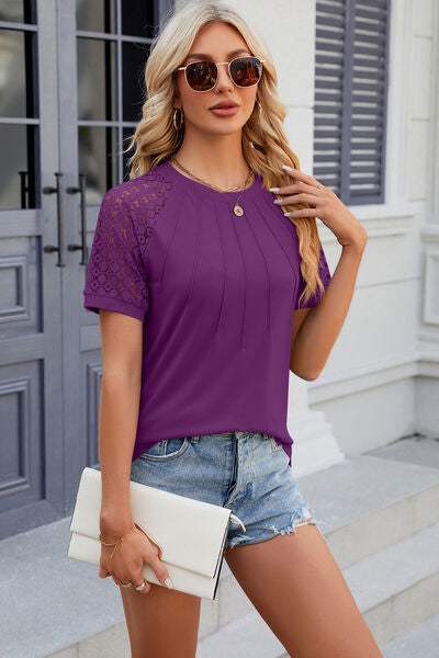 Openwork Round Neck Short Sleeve T-Shirt - Trendsi - Flyclothing LLC
