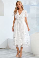 Sequin Leaf Embroidery Tie Front Short Sleeve Dress - Trendsi