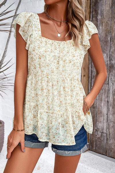 Printed Square Neck Cap Sleeve Blouse - Trendsi - Flyclothing LLC