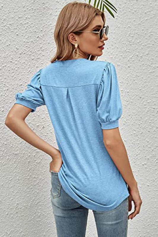 Notched Neck Puff Sleeve Tee - Trendsi