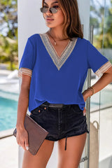 Contrast V-Neck Blouse - Trendsi - Flyclothing LLC