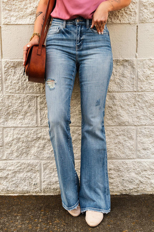 High-Rise Waist Distressed Flare Jeans - Flyclothing LLC