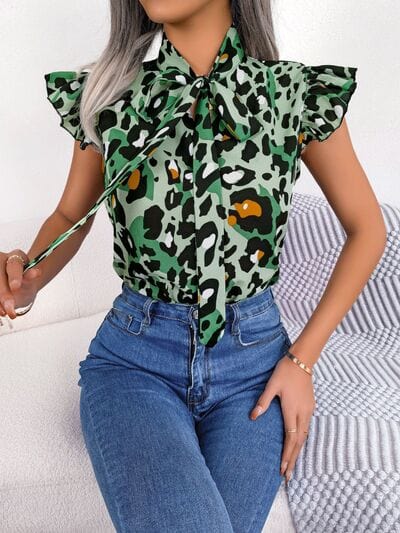 Leopard Tie Neck Cap Sleeve Blouse - Trendsi
