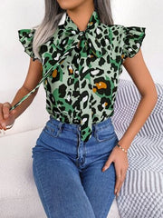 Leopard Tie Neck Cap Sleeve Blouse - Trendsi