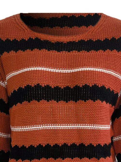 Striped Round Neck Long Sleeve Sweater - Trendsi - Flyclothing LLC