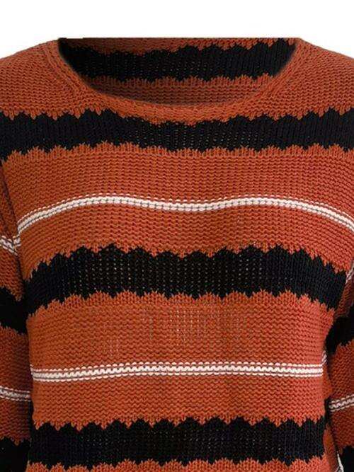 Striped Round Neck Long Sleeve Sweater - Trendsi - Flyclothing LLC