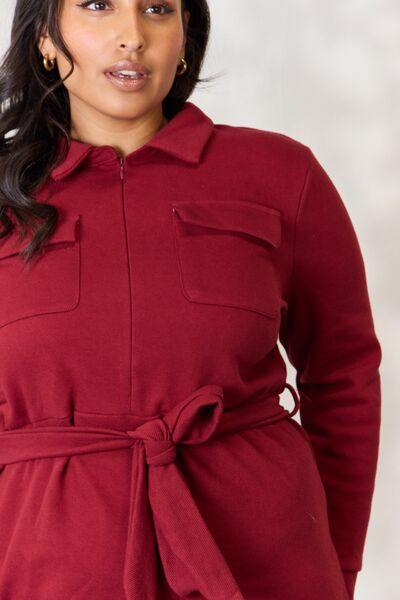 Culture Code Full Size Tie Front Half Zip Long Sleeve Shirt Dress - Trendsi