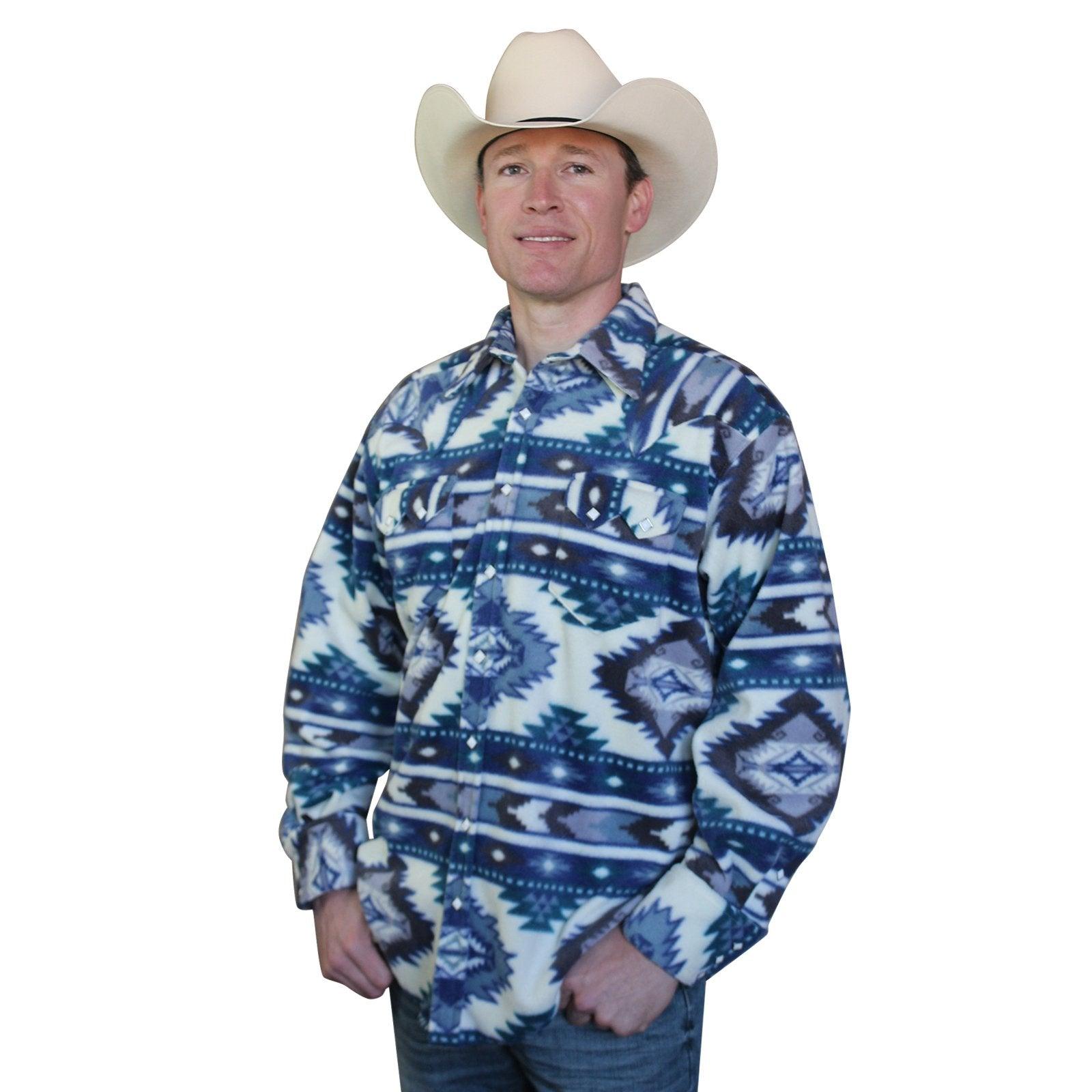 Men's Native Pattern Fleece Western Shirt in Blue & Navy - Flyclothing LLC
