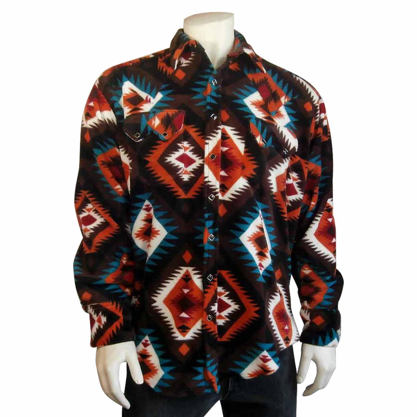 Men's Native Pattern Fleece Western Shirt in Brown & Orange - Flyclothing LLC