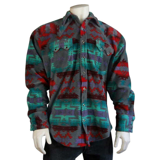 Men's Native Pattern Fleece Western Shirt in Grey & Red - Rockmount Clothing - Flyclothing LLC