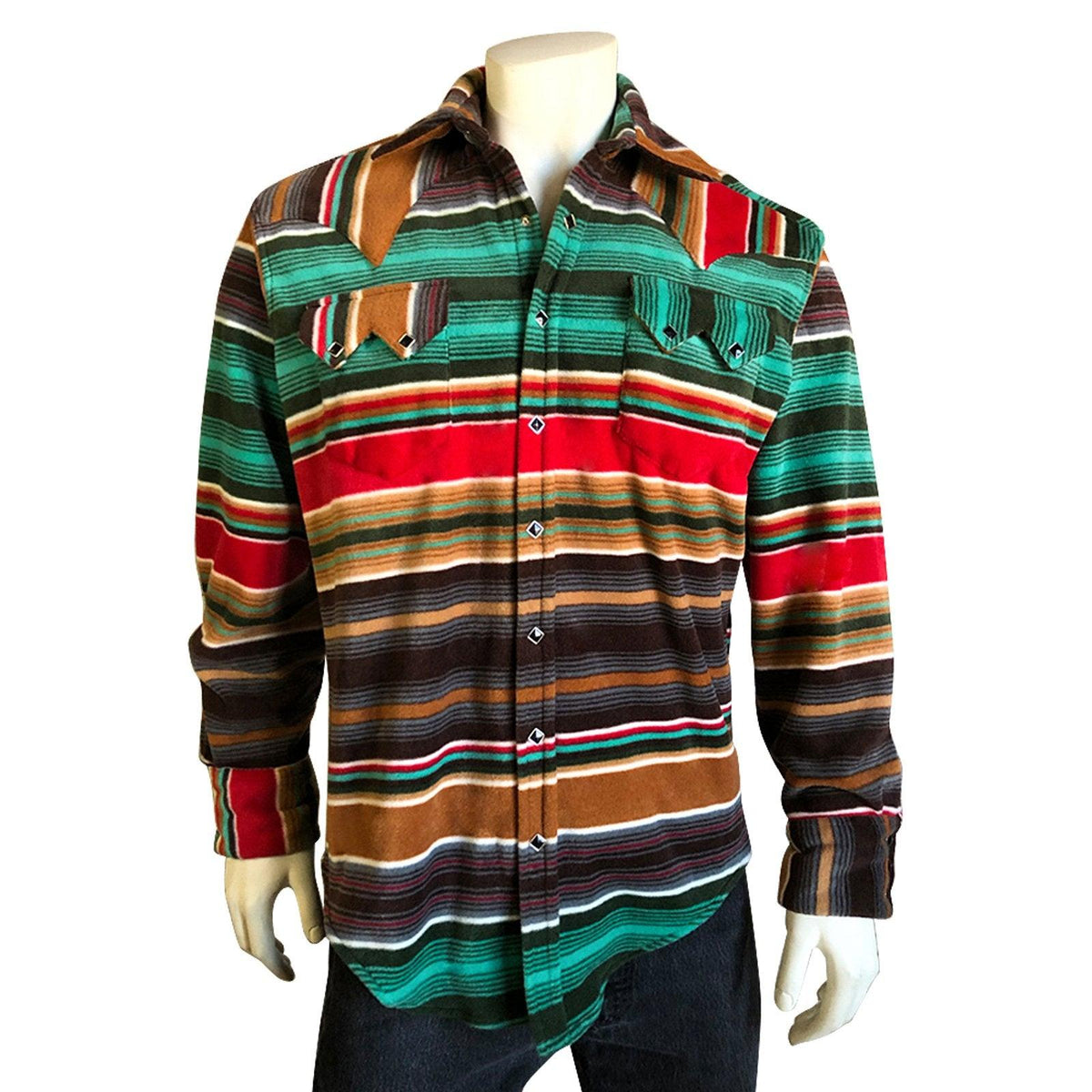 Men's Serape Pattern Fleece Western Shirt in Brown & Green - Flyclothing LLC