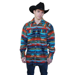 Rockmount Ranch Wear Mens Native Pattern Fleece Turquoise Western Shirt - Flyclothing LLC