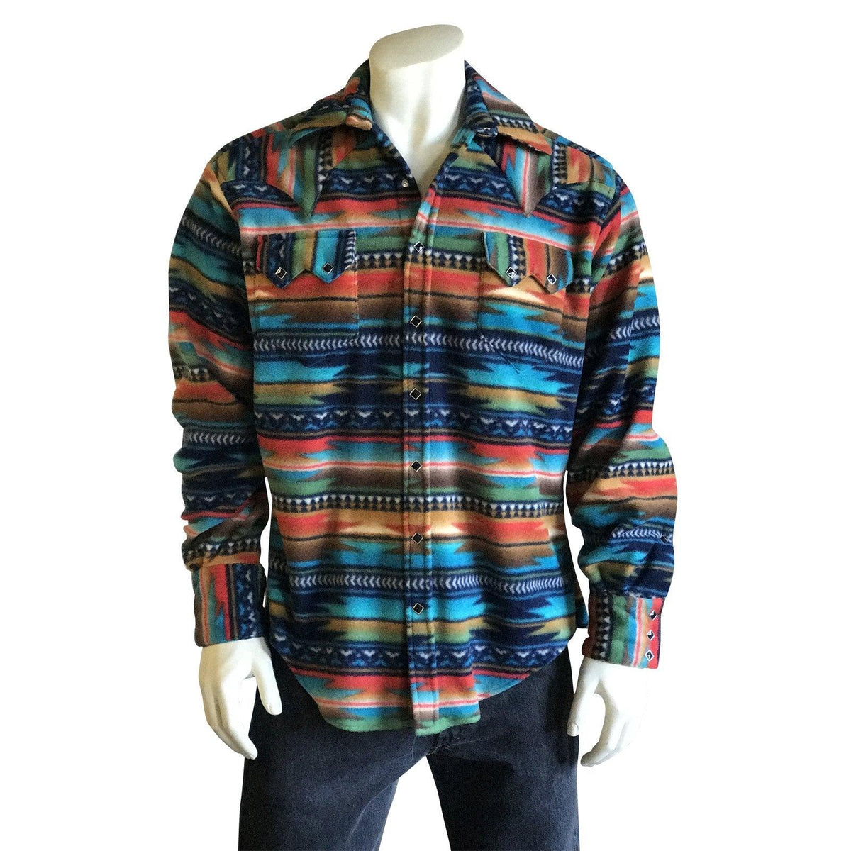 Men's Serape Pattern Fleece Western Shirt in Navy & Blue - Flyclothing LLC