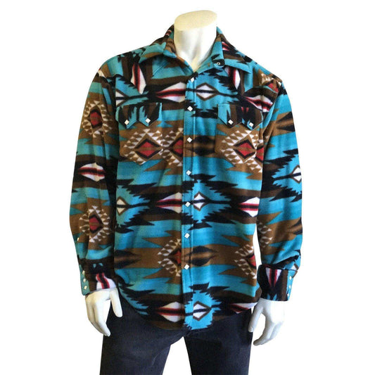 Men's Native Pattern Fleece Western Shirt in Turquoise & Brown - Rockmount Clothing - Flyclothing LLC