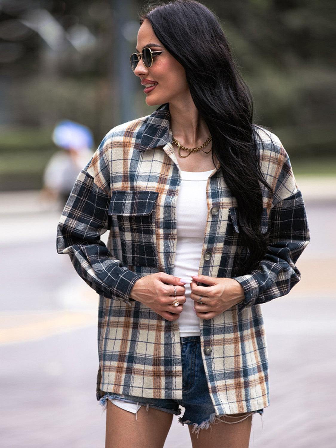 Plaid Dropped Shoulder Shacket - Trendsi