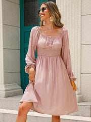 Off-Shoulder Balloon Sleeve Smocked Dress - Trendsi