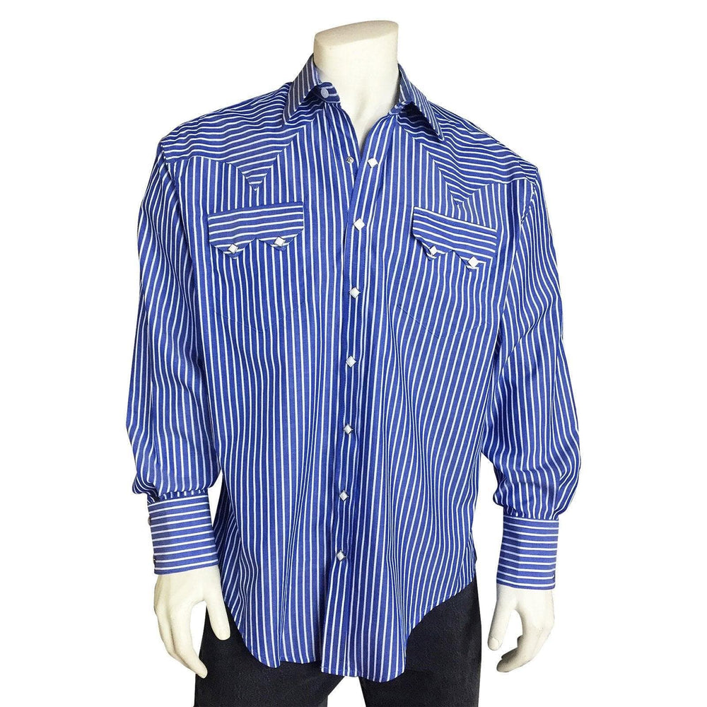 Men's Fine Cotton Striped Western Dress Shirt in Blue - Rockmount Clothing