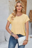Eyelet Round Neck Rolled Short Sleeve T-Shirt - Trendsi