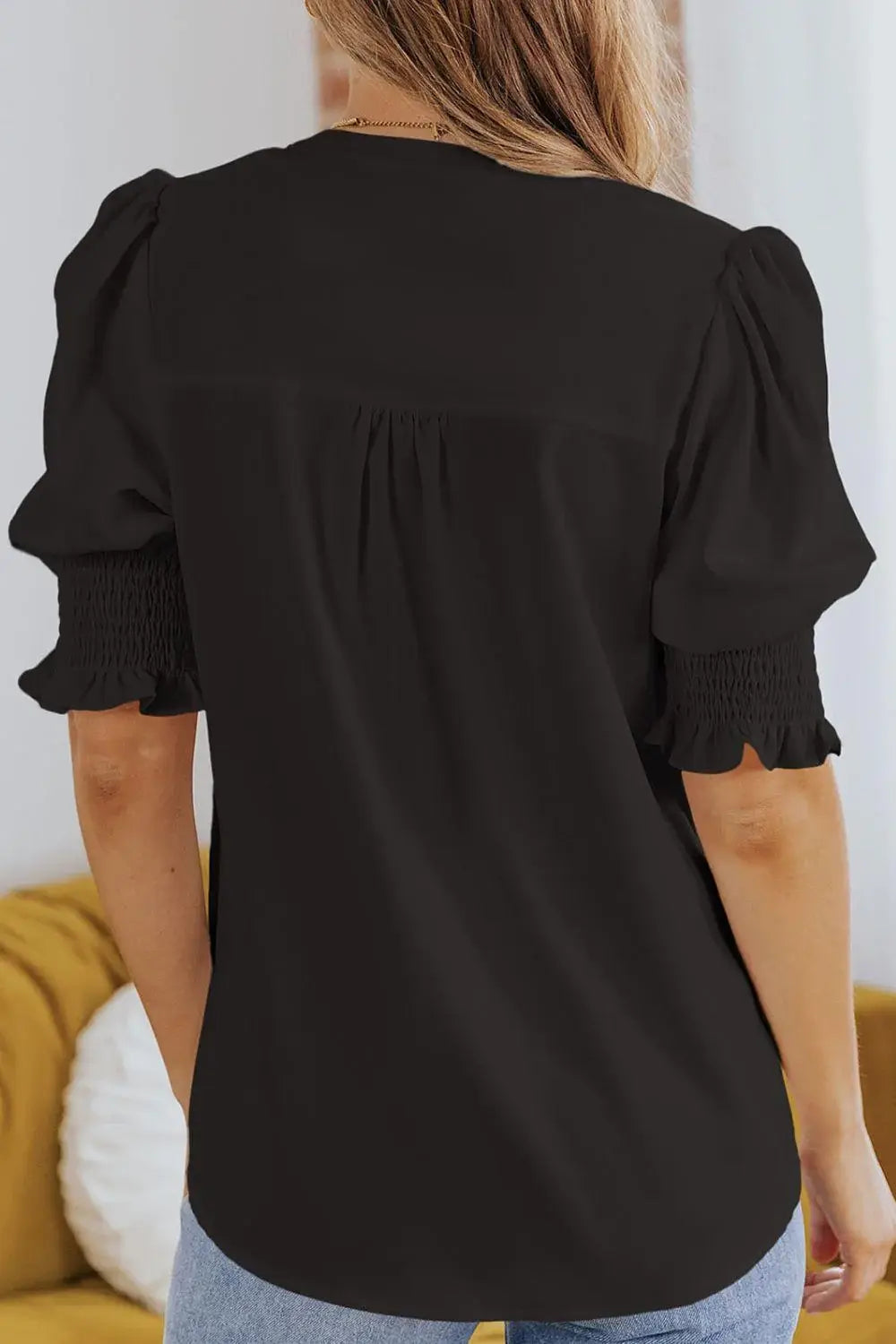Smocked Flounce Sleeve Notched Neck Blouse - Trendsi - Flyclothing LLC