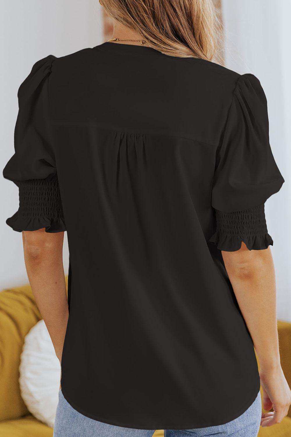 Smocked Flounce Sleeve Notched Neck Blouse - Trendsi - Flyclothing LLC