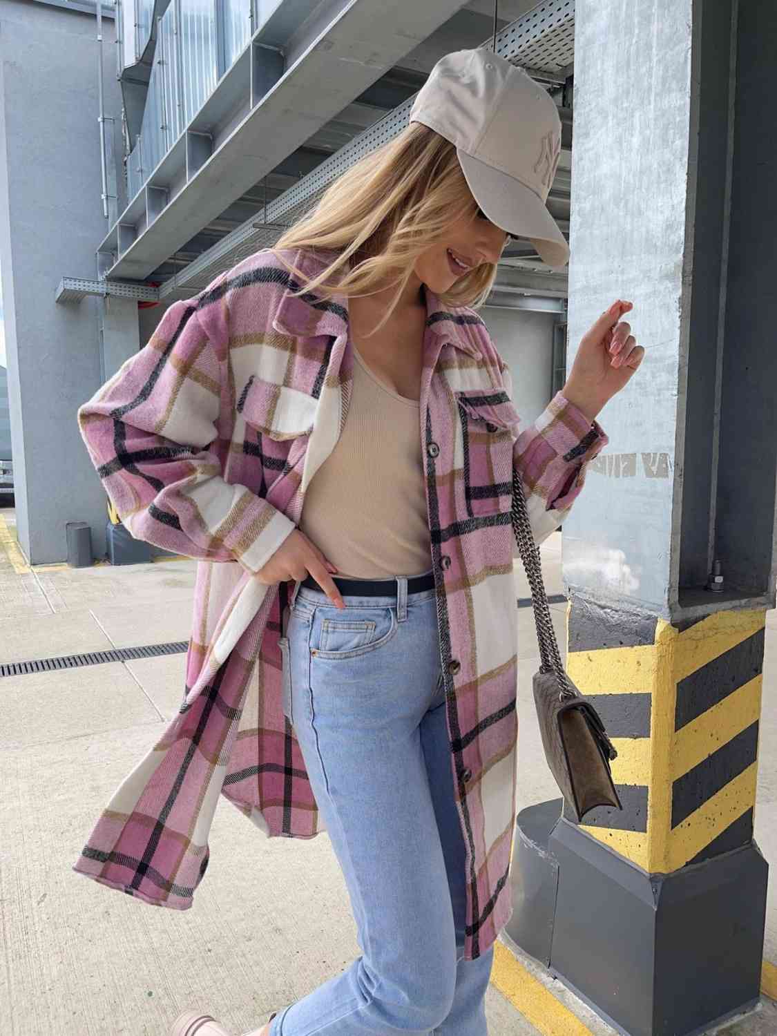 Plaid Collared Neck Longline Shirt - Trendsi - Flyclothing LLC
