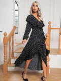 Polka Dot Tie Front Long Sleeve Slit Dress - Trendsi - Flyclothing LLC