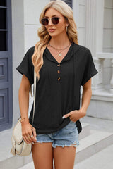 Eyelet Drawstring Hooded Short Sleeve Blouse - Trendsi - Flyclothing LLC