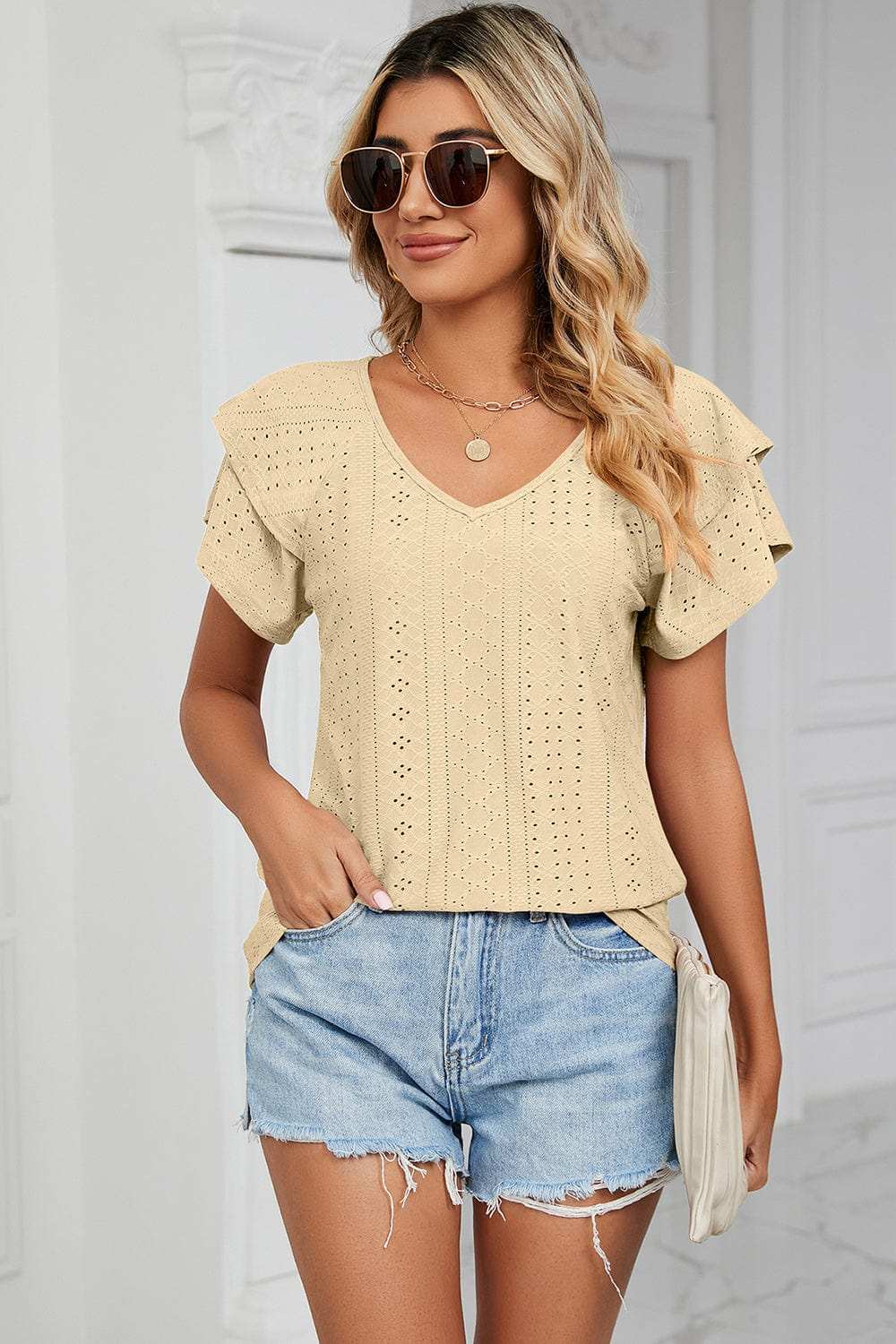 Eyelet V-Neck Short Sleeve T-Shirt - Trendsi - Flyclothing LLC