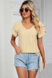 Eyelet V-Neck Short Sleeve T-Shirt - Trendsi - Flyclothing LLC