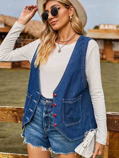 Pocketed Button Up Sleeveless Denim Jacket - Trendsi - Flyclothing LLC