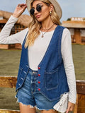 Pocketed Button Up Sleeveless Denim Jacket - Trendsi