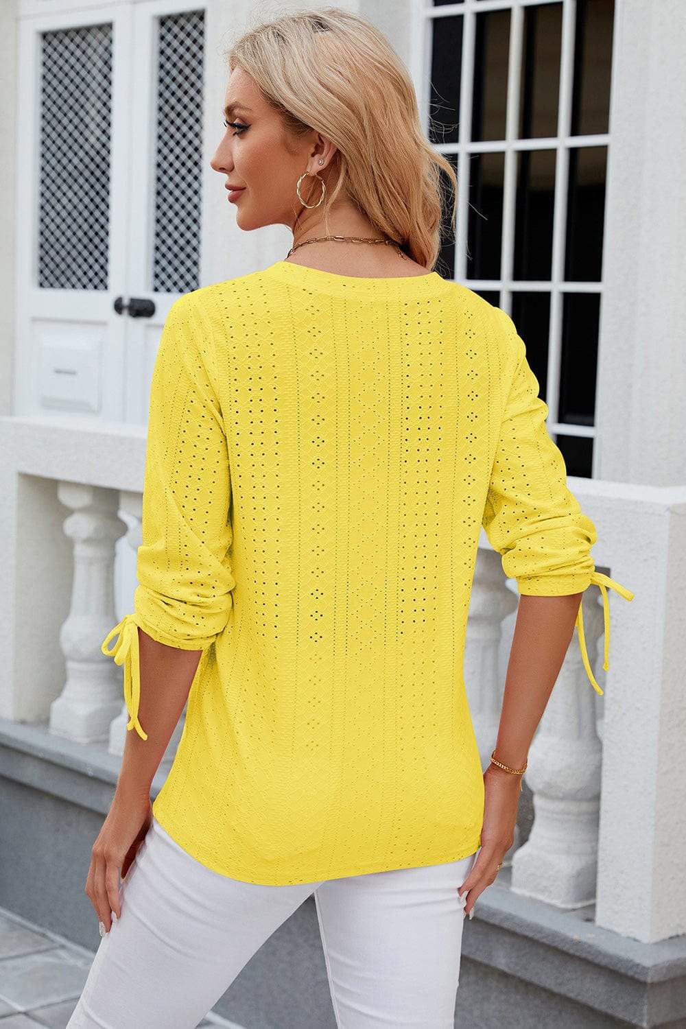 Eyelet Drawstring V-Neck Half Sleeve T-Shirt - Trendsi - Flyclothing LLC
