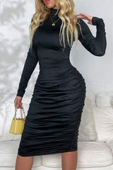 Ruched Mock Neck Long Sleeve Dress - Trendsi - Flyclothing LLC