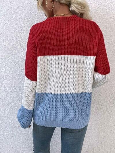 Color Block Round Neck Sweater - Trendsi